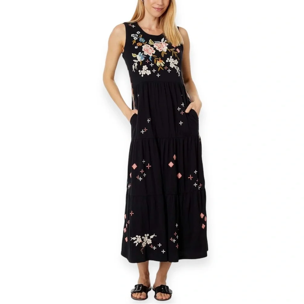 JOHNNY WAS Ceretti Dress Tiered Maxi Tank Dress Black Floral Embroidery NWT - Picture 2 of 10